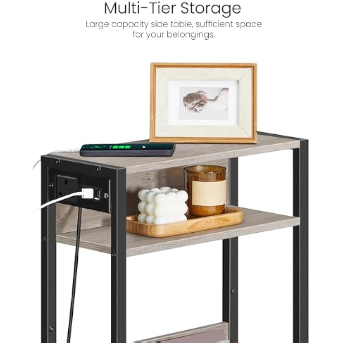 CHOEZON Side Table with Charging Station, Narrow End Table, Slim Nightstand for Small Space, Skinny Beside Table with Storage, for Living Room, Bedroom, Greige and Black DTBZ05KBH