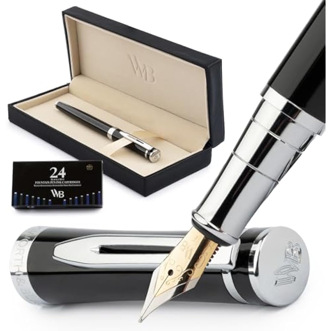 Wordsworth & Black Fountain Pen Set, 18K Gilded Fine Nib, Includes 24 Pack Ink Cartridges, Ink Refill Converter & Gift Box, Gold Finish, Calligraphy, [Black Chrome], Perfect for Men & Women