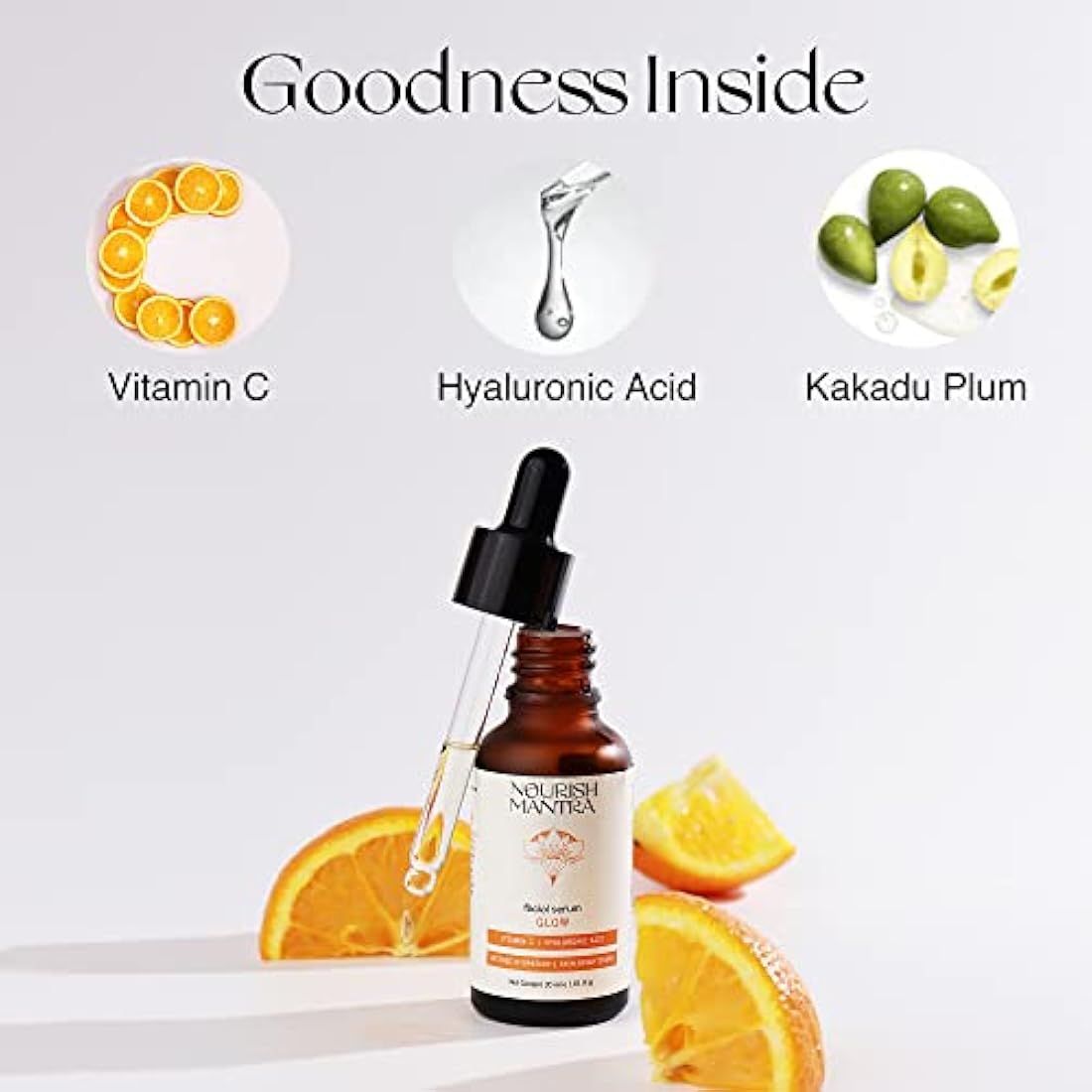 Nourish Mantra Glow Facial Serum, Vitamin C and Hyaluronic Acid, Skin Brightening, 30ml
