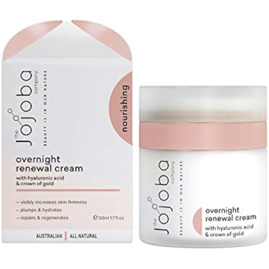 The Jojoba Company Overnight Renewal Cream, Hydrating Face Cream for Increased Skin Firmness, Youthful and Nourished Skin, Enriched with Australian Jojoba, Hyaluronic Acid and Crown of Gold 50ml