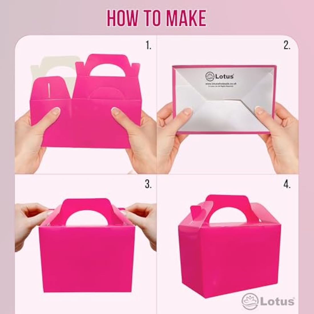 Lotus 50 x Children/Kids Plain Coloured Party Boxes Carry Food Meal Birthday Party Box Loot Bag Gift Boxes (Neon Pink)