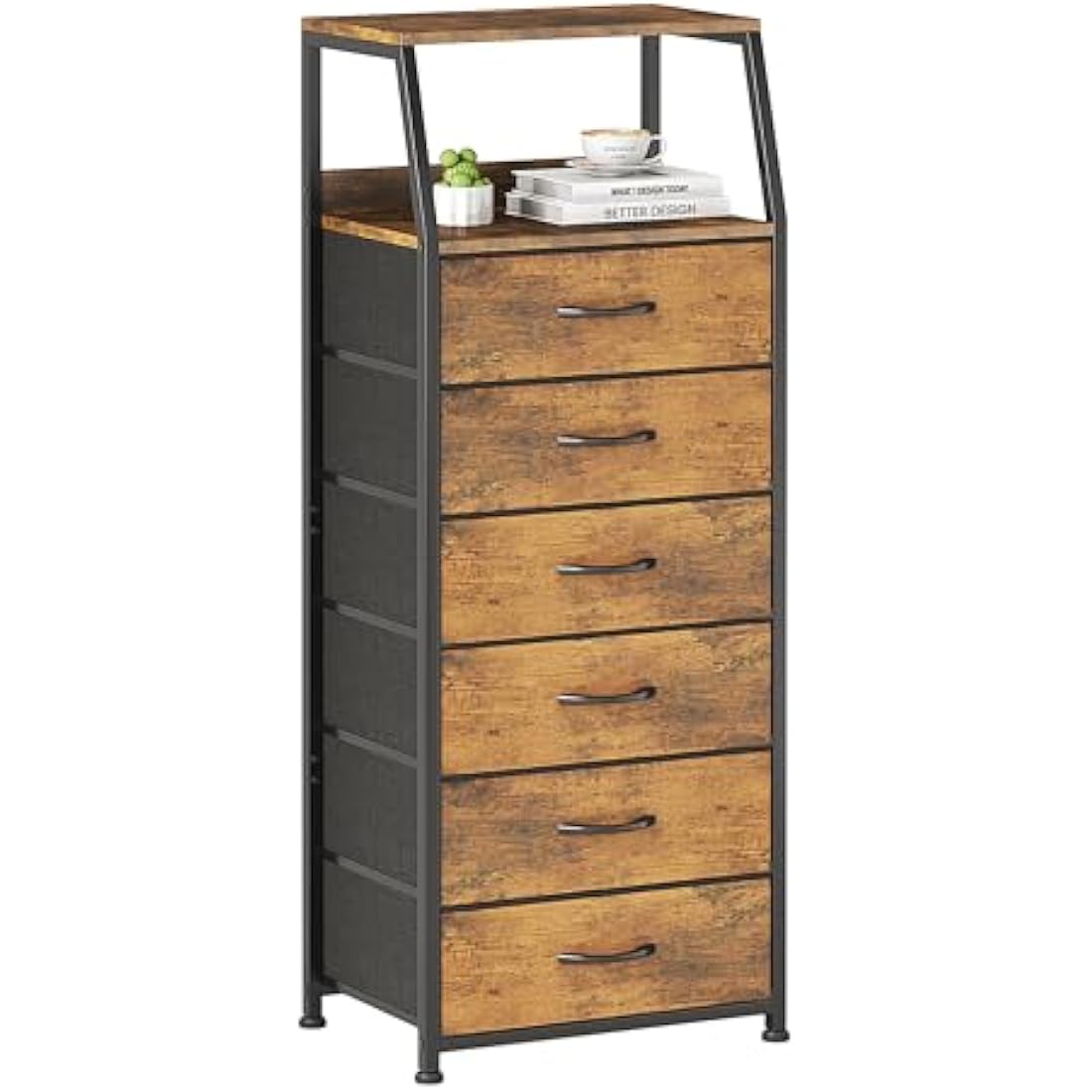 CAIYUN Chest of Drawers Bedroom with 6 Drawers, Tall Fabric Dresser with Shelf, Fabric Dresser for Entryway Hallway Living Room, Closet Storage Drawer, Rustic Brown
