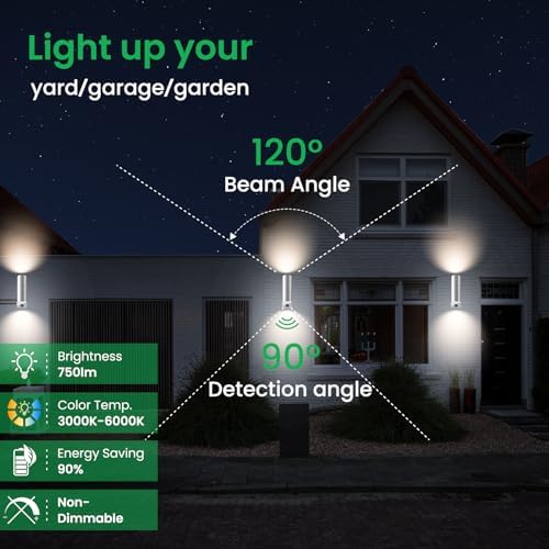 ALUSSO LIGHTING Up Down LED Wall Light PIR Motion Sensor 8W 750LM Stainless Steel Lamp, with GU10 Bulbs 3000K 4000K 6000K Adjustable, Outdoor Security Light IP65 Waterproof for Hallway Porch, Silver