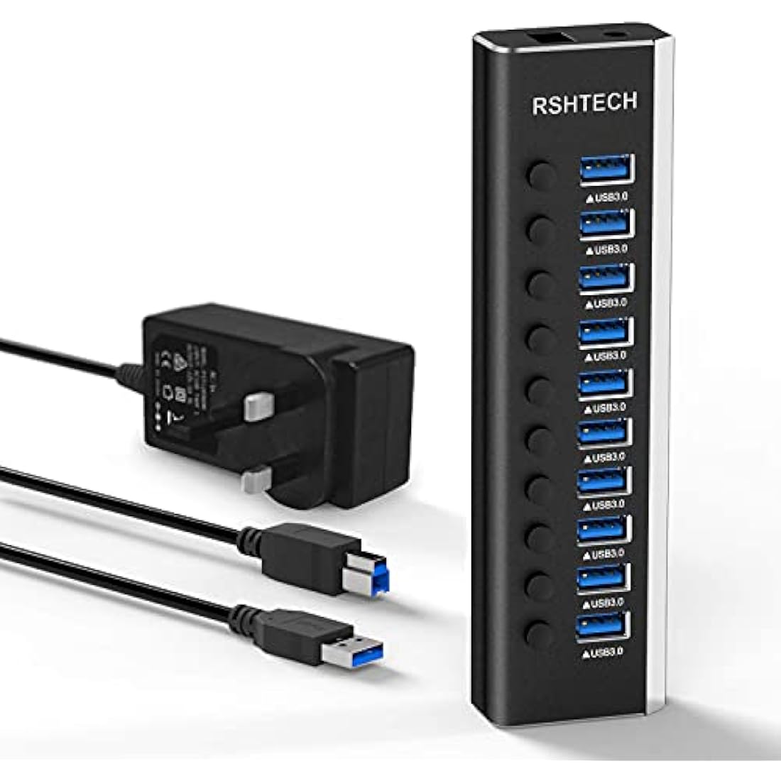RSHTECH Powered USB 3.0 Hub Aluminum 10 Port USB 3.0 Data Hub with 12V/3A (36W) Power Adapter and Individual On/Off Switches & LED (RSH-A10)