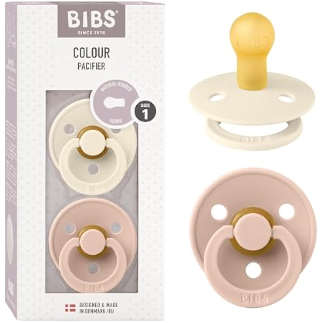 BIBS Colour Soother 2-Pack, BPA Free Dummy Pacifier, Round Nipple. Natural Rubber Latex, Size 1 (0-6 Months), Ivory/Blush