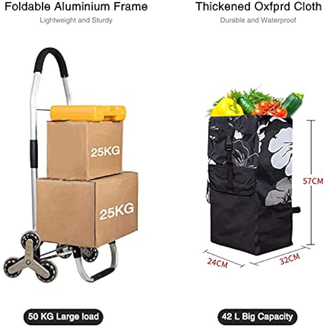 Folding Shopping Trolley 6 Wheels Stair Climber Cart with Removable Bag and Adjustable Elastic Cord 2 Extra Pockets Utility Trolley maximum capacity 50kg 45L (Flower)