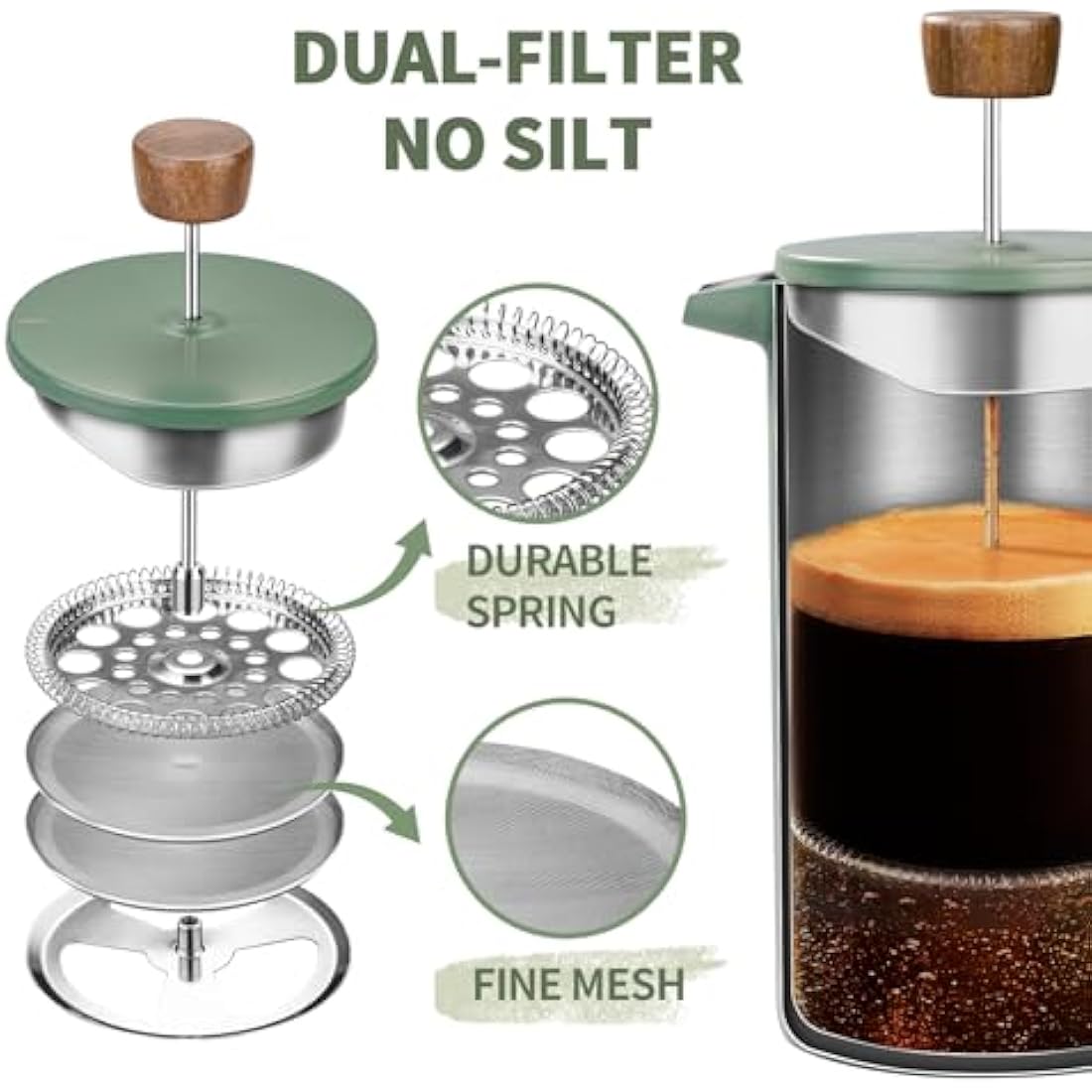 shoxil French Press Coffee Maker, 34oz Stainless Steel Green Coffee Press Real Wood Handle, Double Wall Insulated French Coffee Press with Dual-Filter Screen, Perfect for Camping & Kitchen Use
