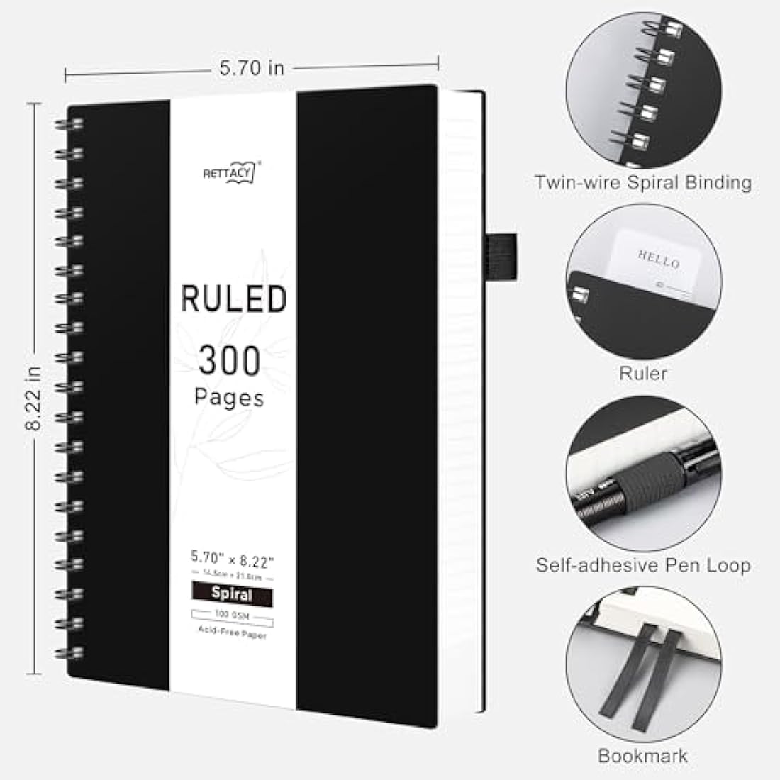 RETTACY A5 Notebook, Notepad, Wirebound Spiral Notebooks 300Pages /150 Sheets for Writing,100gsm College-Ruled Paper, Retro PVC Cover, for Men Work Office School,14.5 x 21cm - Black