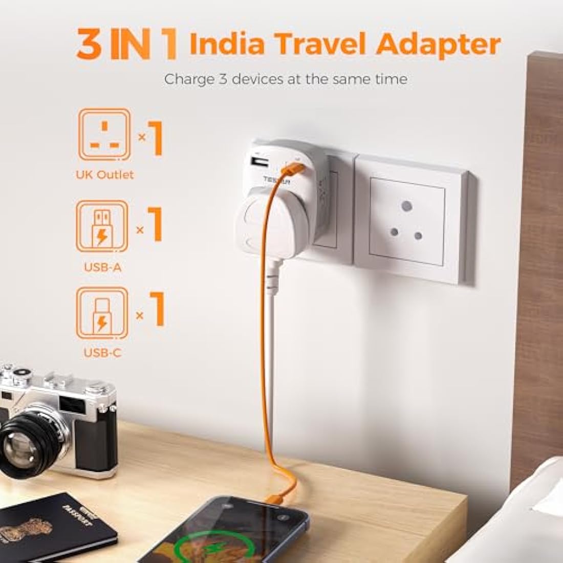 UK to India Plug Adapter 2 Pack, TESSAN Indian Travel Adapter with 2 USB Ports(1 USB C), Plug Socket Adaptor UK to Sri Lanka, Pakistan, Burma, Maldives, Iraq, Namibia, Nepal, Yemen, Zambia (Type D)