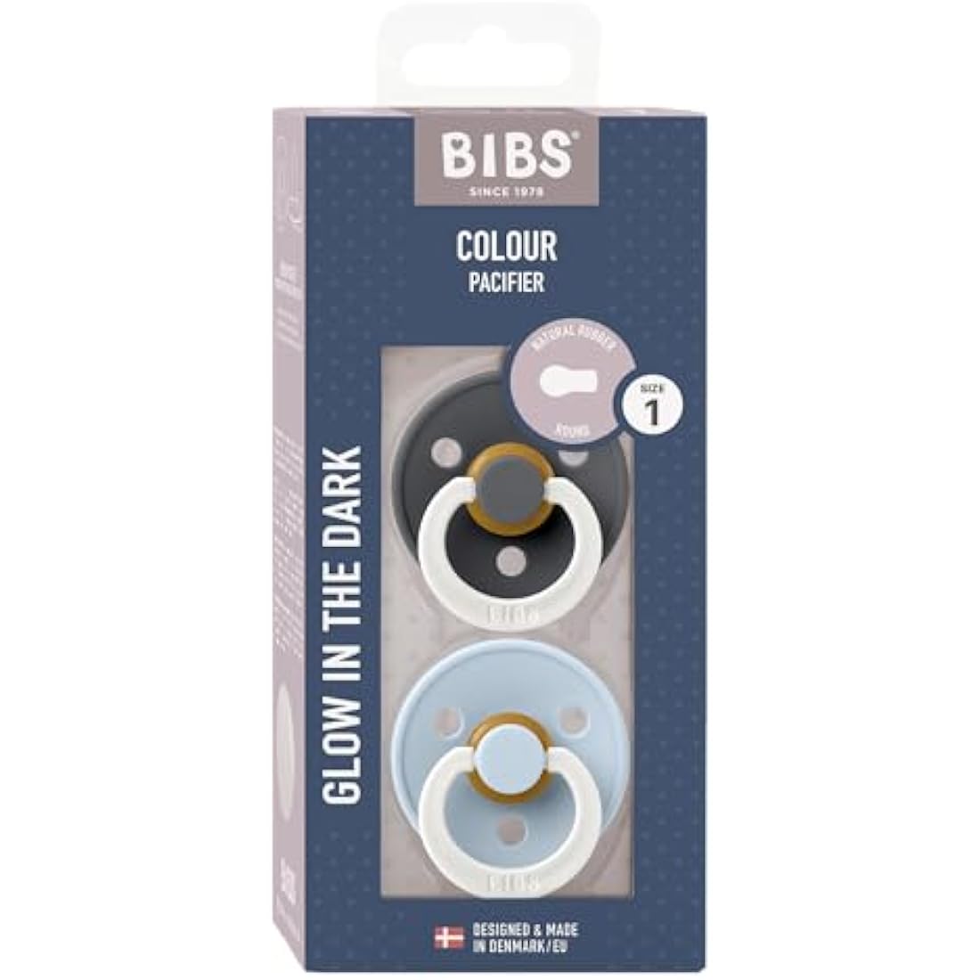 BIBS Colour Night Glow in The Dark Soother 2-Pack, BPA Free Dummy Pacifier, Round Nipple. Natural Rubber Latex, Made in Denmark, Size 1 (0-6 Months), Baby Blue Glow