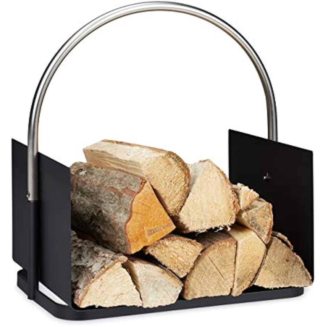 Relaxdays Firewood Basket, Metal, Nickel-Plated Handle, for Indoors, Wood Carrier, HxWxD: 43.5 x 40.5 x 30 cm, Black