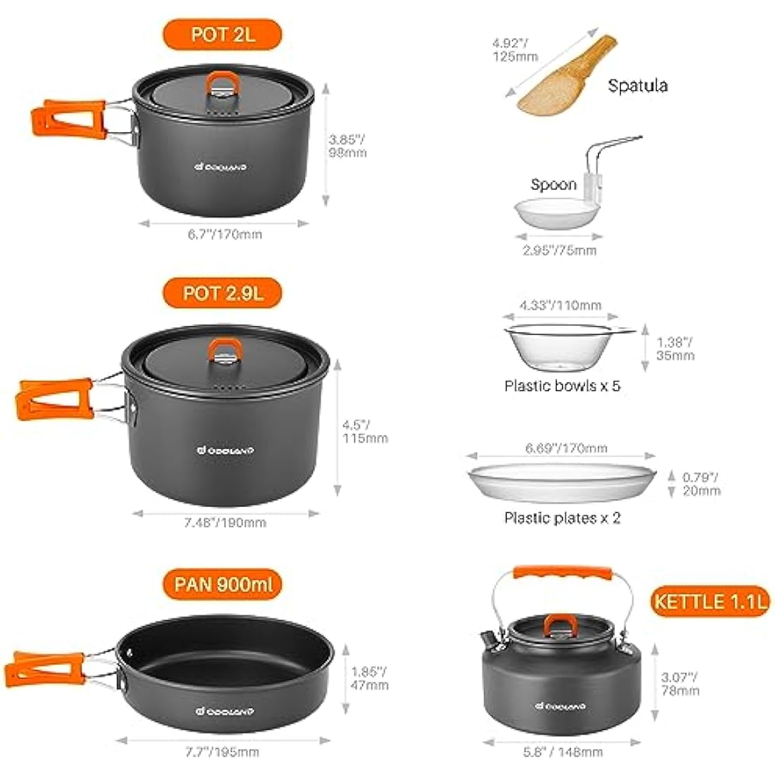 Odoland Camping Cookware Set Non-Stick Lightweight Camping Kettle Pots and Pans Mess Kit with Bowls Soup Spoon for Backpacking, Outdoor Cooking and Picnic for 4-6 People
