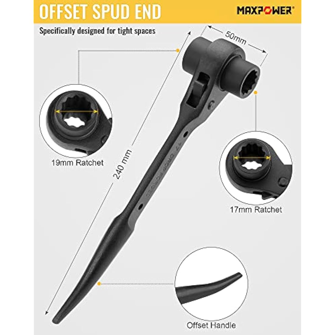 MAXPOWER Spud Ratchet Set 2PCs, Straight Spud Scaffold Spanner Wrench 19mm x 21mm & Offset Spud Ratchet Podger Spanner 17mm x 19mm