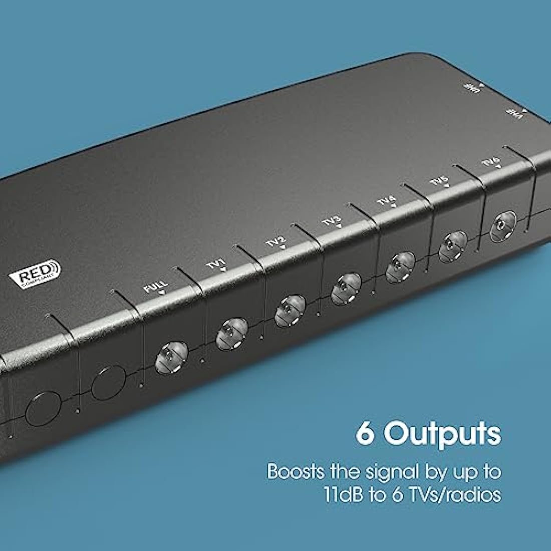 SLx TV Signal Booster Aerial Amplifier, 6 Way Signal Distribution Amplifier with Coax Connections, 4G & 5G Filtering, Indoor TV Aerial, HD & 4K TV/FM/DAB & Freeview, Variable Gain Control