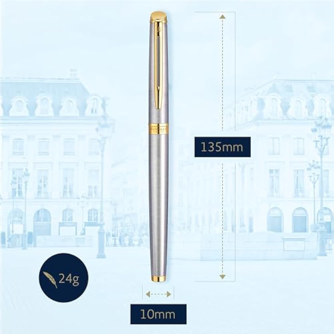 Waterman Hémisphère Fountain Pen | Stainless Steel with 23k Gold Trim | Medium Nib | Blue Ink | Gift Box