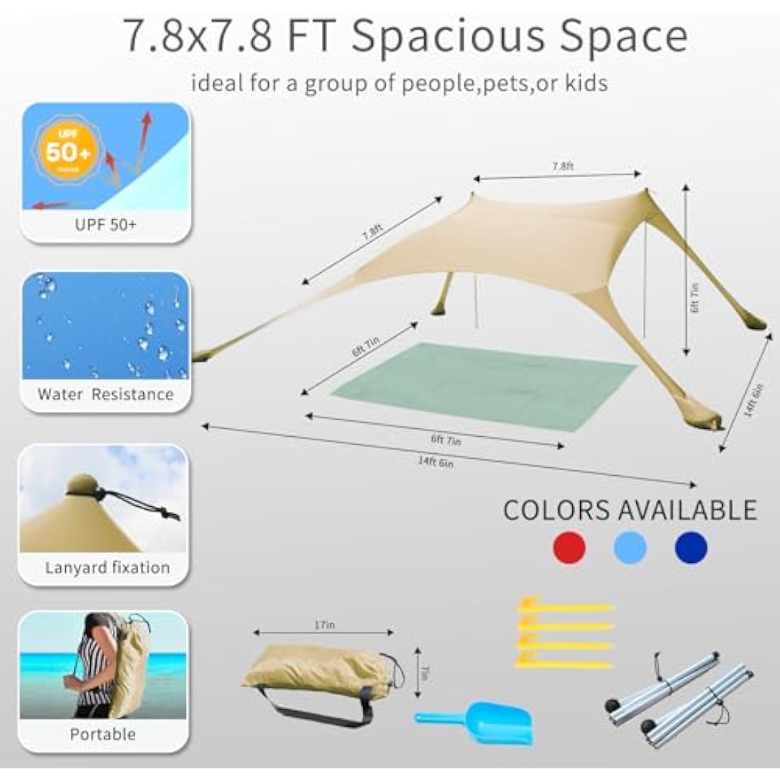 CUUPO 7×7 FT Beach Tent Sun Shelter UPF50+ UV Protection, Outdoor Small Canopy Tent Sun Shade with 2 Poles for Camping, Beach, Fishing, Backyard and Picnics Khaki