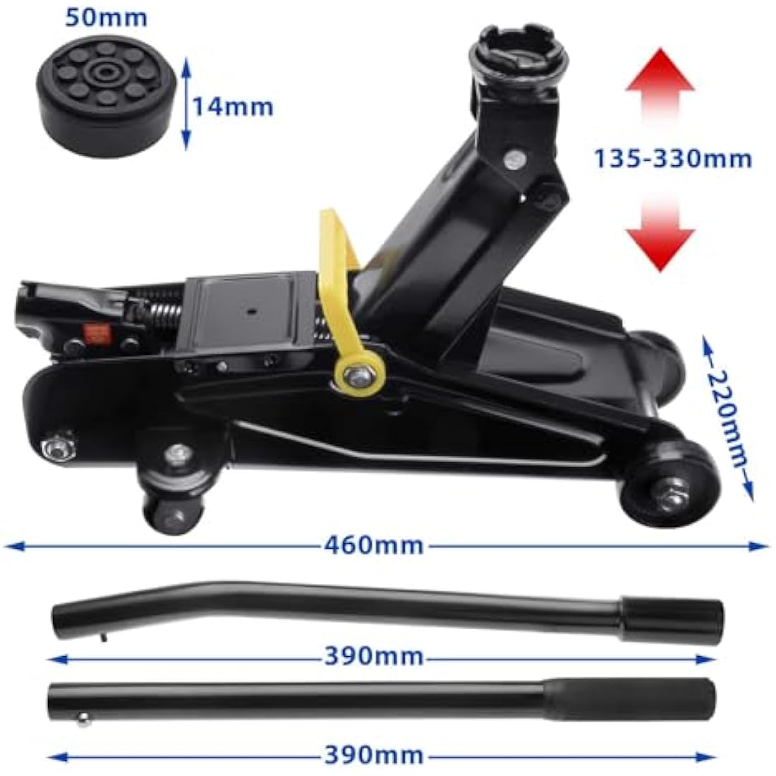 DEUBA® Hydraulic 2 Tonne Trolley Floor Jack for Cars | Lift Height 135-330 mm | With Case and Rubber Pad | Portable Garage and Workshop Equipment