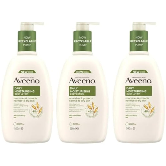 Aveeno Daily Moisturising Body Lotion Bundle (3x 500ml), Hydrating Lotion Enriched with Nourishing Colloidal Oatmeal, Gentle Body Moisturiser Suitable for Sensitive and Dry Skin