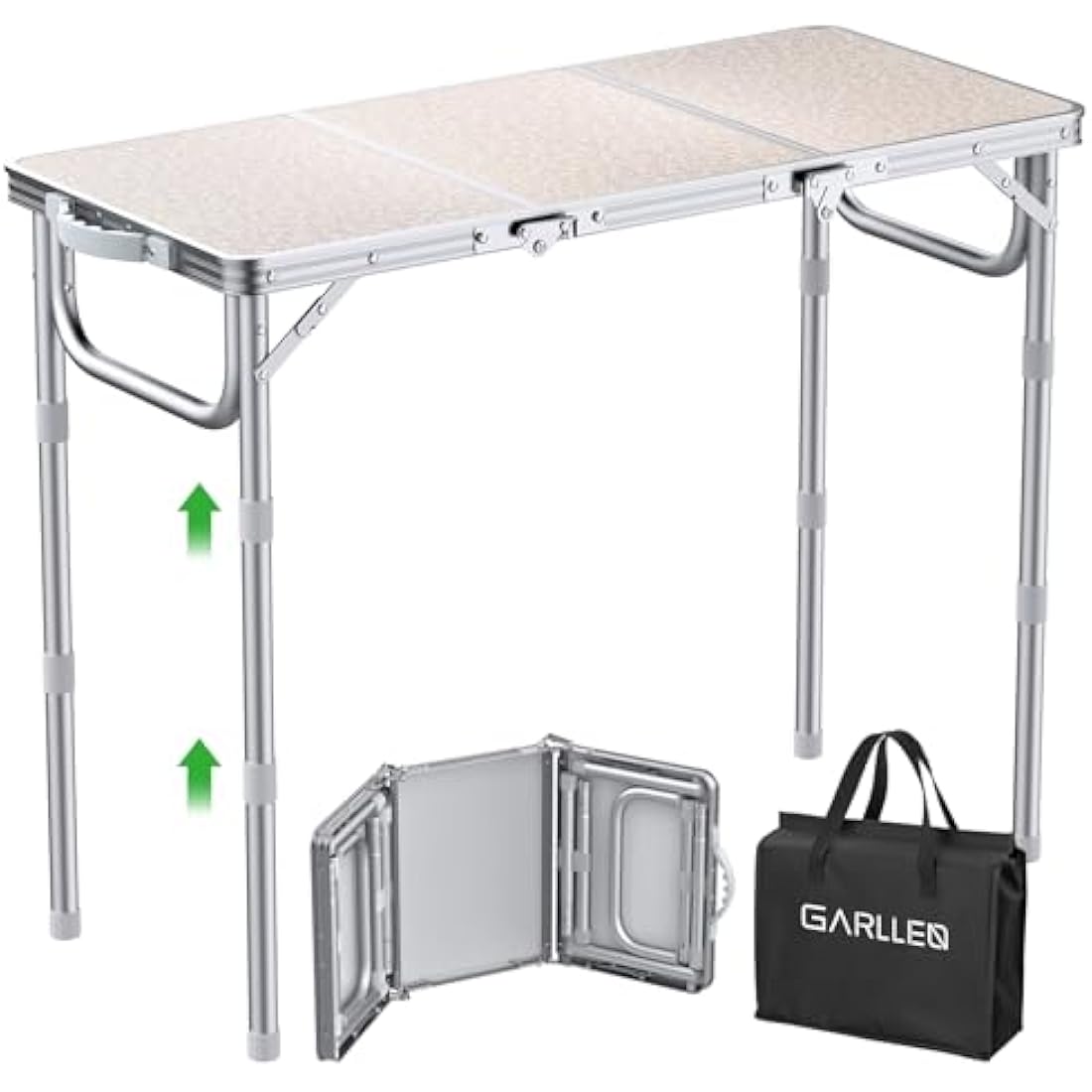 GARLLEN Folding Camping Table, 3-Adjustable Height Portable Folding Picnic Table with Storage Bag, Lightweight Aluminum Outdoor Table for Picnic, Camping, BBQ, 34.2" L x 15.7" W, Silver