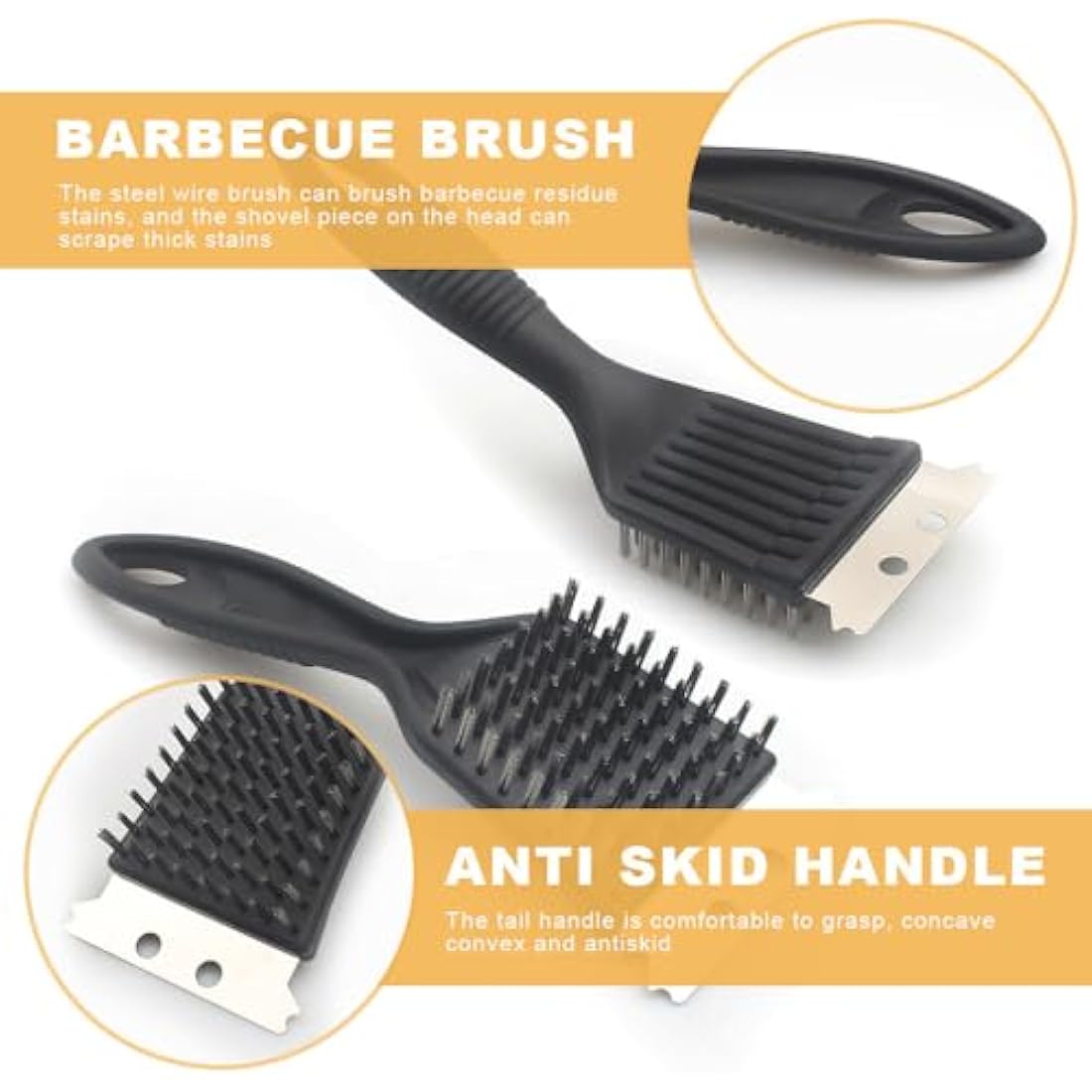 Fyfjur BBQ Cleaning Wire Brush, Bbq Cleaner, grill brush, BBQ Oven Cleaner, 2 in 1 Pointed Tail Wire BBQ Brush + Stainless Steel Curl Grill Brush Barbecue Cleaning Kit(Black)