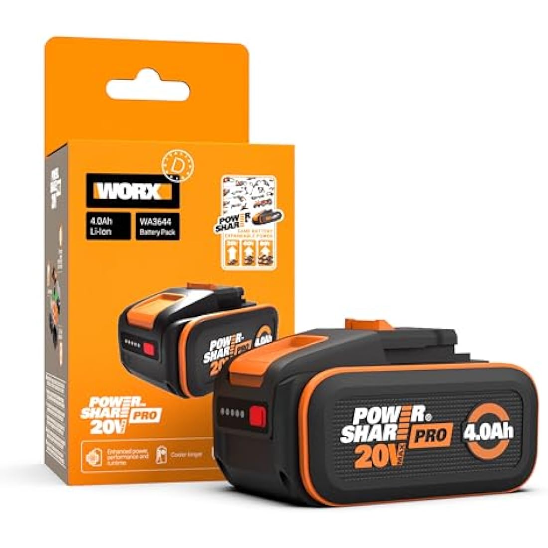 WORX WA3644 PowerShare Pro 20V 4.0Ah High-Capacity Battery with Battery Management System & Intelligent Power Control