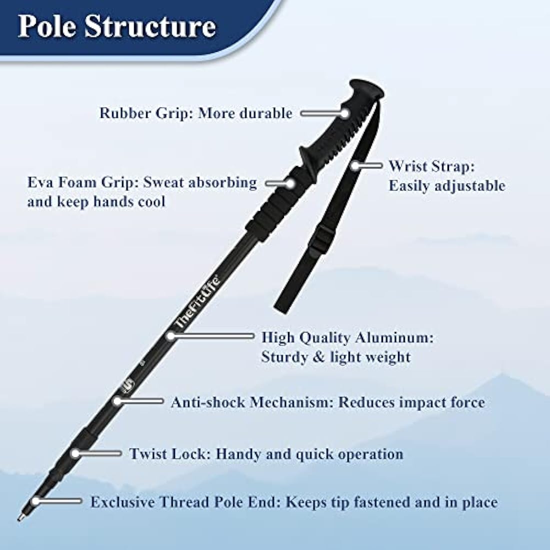 TheFitLife Hiking Walking Trekking Poles - 2 Pack With Antishock And Quick Lock System, Telescopic, Collapsible, Ultralight For Hiking, Camping, Mountaining, Backpacking, Walking, Trekking