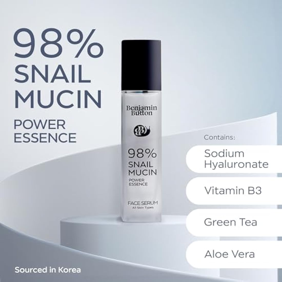 98% Snail Mucin Serum - Benjamin Button® | Hydrating, Anti-Aging, & Brightening with Hyaluronic Acid, Niacinamide, Green Tea, Aloe Vera | Ideal for Sensitive Skin & All Skin Types