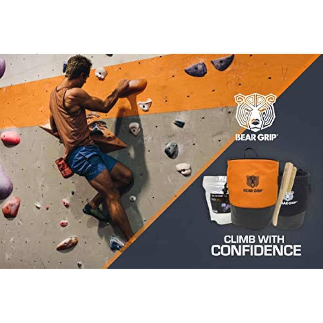 BEAR GRIP Premium Chalk Bag Bundle Pack for Rock Climbing with Waist Belt Chalk Ball and Brush.