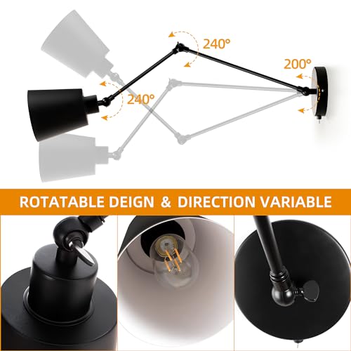 TYhogar Wall Lights Fixtures Vintage Industrial Black Bedside Lamp Night Light E27 Edison Bulbs Wall Sconce Swing Arm Adjustable Wall Lamp for Bedroom