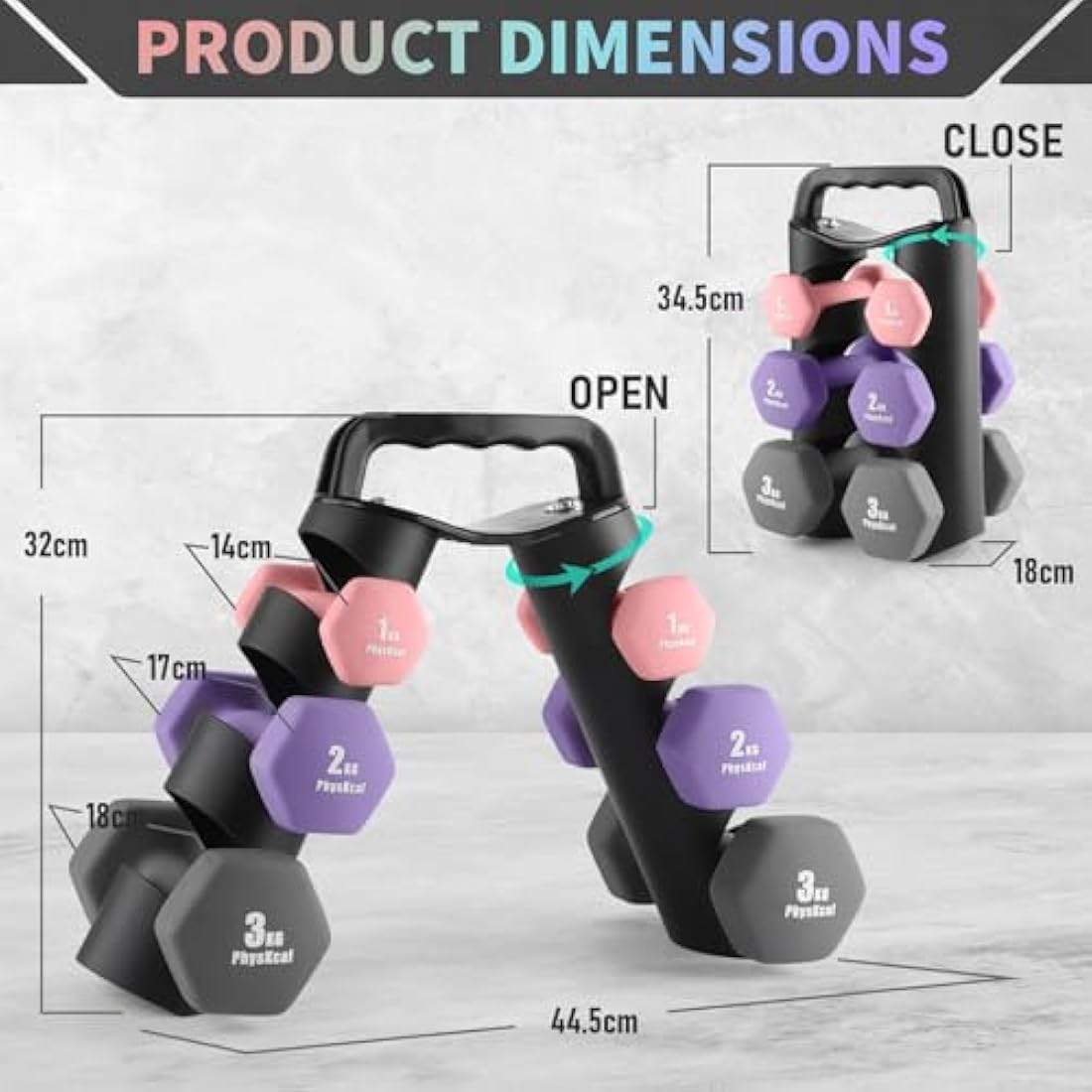 PhysKcal Dumbbells Set with Storage Rack, Hand Weights Set for Home, Gym & Studio