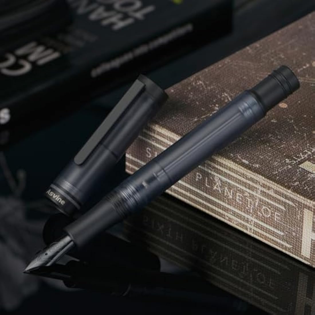 Asvine V200 Titanium Fountain Pen Vacuum Filling, Matte Black Bock Broad Nib Transparent Acrylic Smooth Writing Pen Case Set
