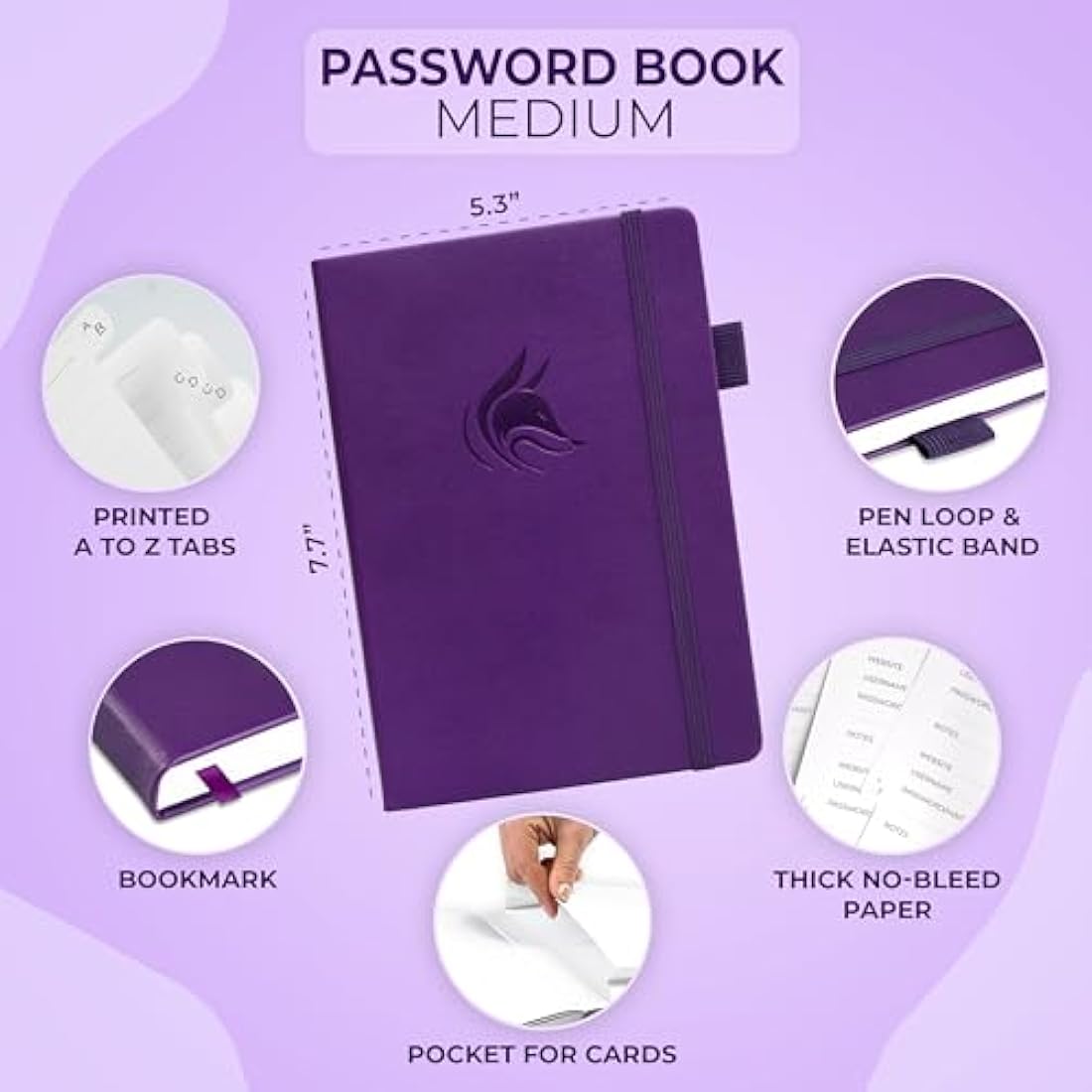 Clever Fox Password Book with alphabetical tabs. Internet Address Organizer Logbook. Medium Password Keeper for Website Logins (Purple)