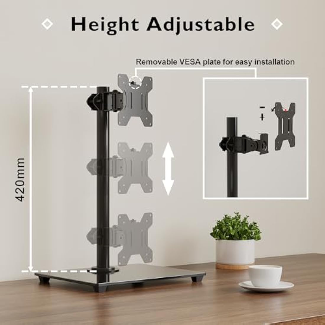 BONTEC Single Arm Monitor Stand for 13-32 Inch Screens, Freestanding Monitor Mount with Glass Base Up to 10 KG, Adjustable Motion Tilt ±75° Swivel ±80° Rotation 360°, VESA 75/100mm