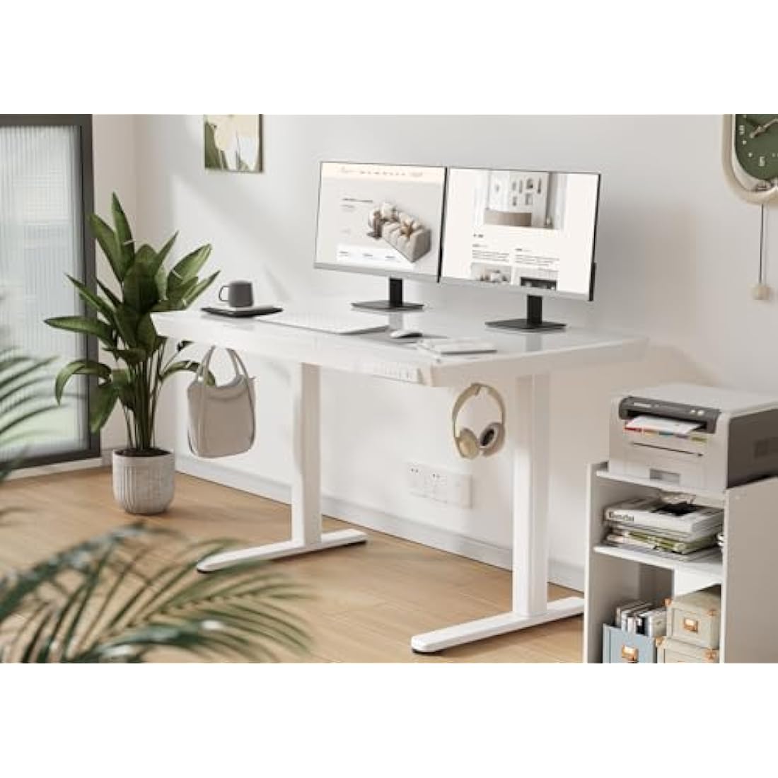 Claiks Glass Standing Desk with Drawers, 120×60 cm Adjustable Stand Up Desk, Quick Install Home Office Computer Desk with USB Ports, White