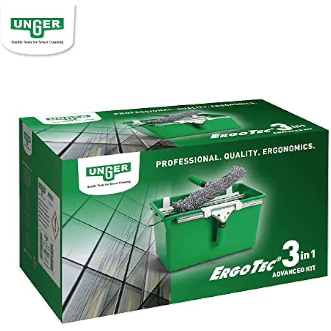 Unger AK013 Window Cleaning Kit – 3-in-1 Starter Set with Window Squeegee, Microfibre Washer with T-Bar Handle & 12L Cleaning Bucket – Professional Window Cleaner Set