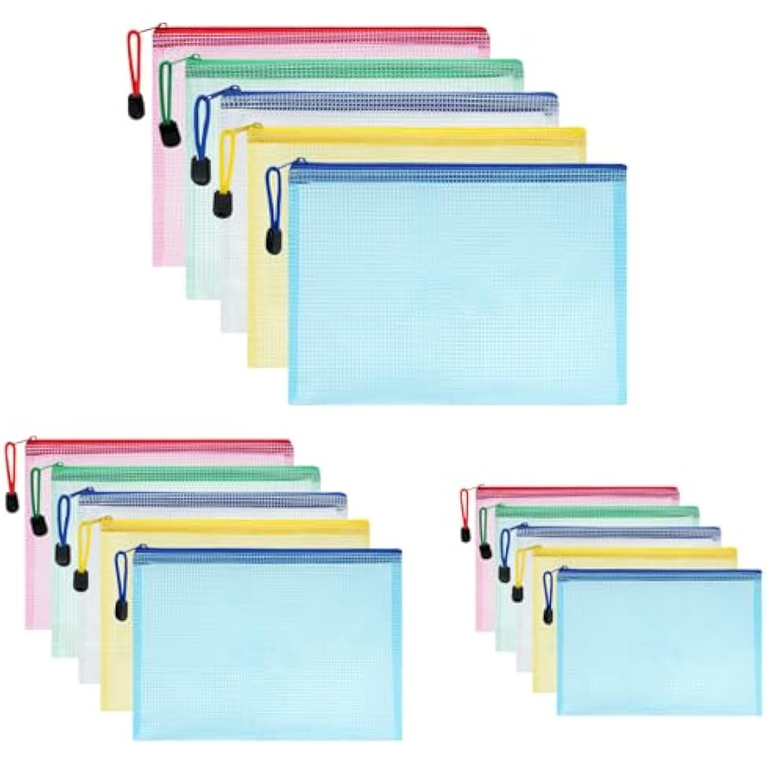 Vicloon Plastic Wallets, 15Pcs A4 A5 A6 Zip Lock Bags Mesh Document Wallet Document Folders Plastic Pockets Zipper File Wallet for School Office Homework Travel Storage Bags (Multicolor)