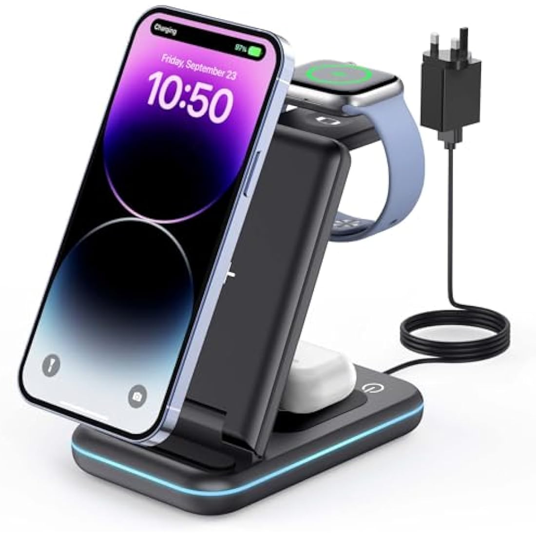 GEEKERA Wireless Charger, 3 in 1 Wireless Charging Station for iPhone 16/15/14/13/12/11/Pro Max/XS/XR/X, Watch Charger Stand for Apple Watch 10/Ultra/9/8/7/6/5/4/3/2/SE, AirPods 4/Pro/3/2-Carbon Black