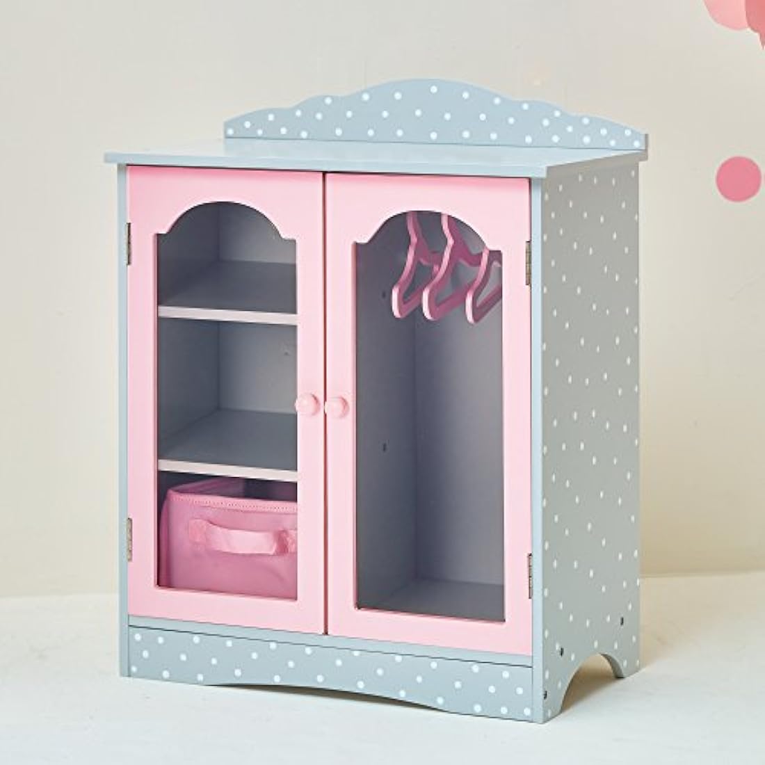 Olivia's Little World Polka Dot Princess Wooden Shaker-Style Double Closet for 18" Doll Wardrobes with Windowed Doors, Three Shelves, Hanging Space with Hangers, Grey/Pink