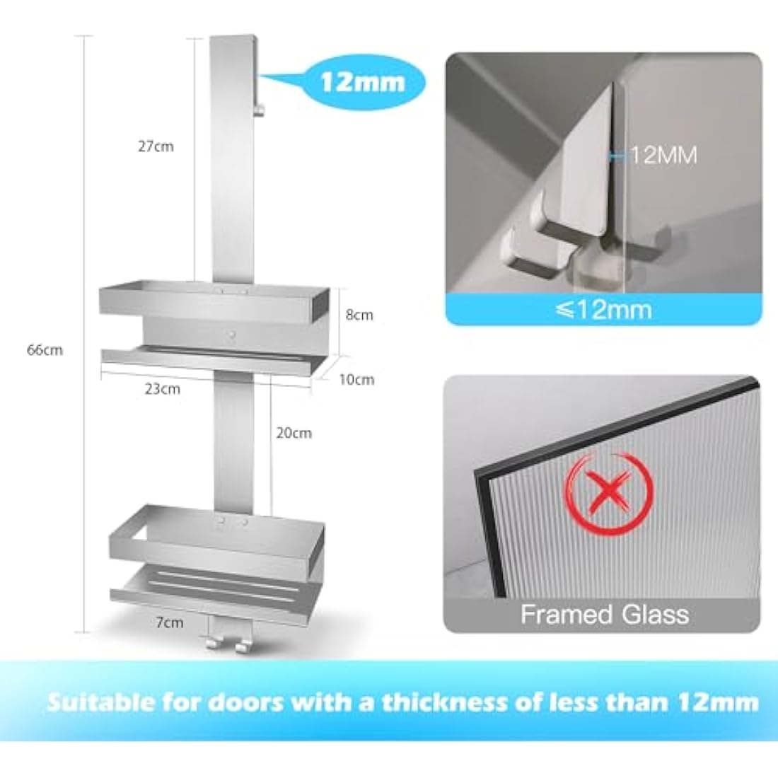 UUlioyer Hanging Shower Caddy, SUS304 Stainless Steel Over Door Shower Shelf, Bathroom Storage No Drilling (Style A - Silver)