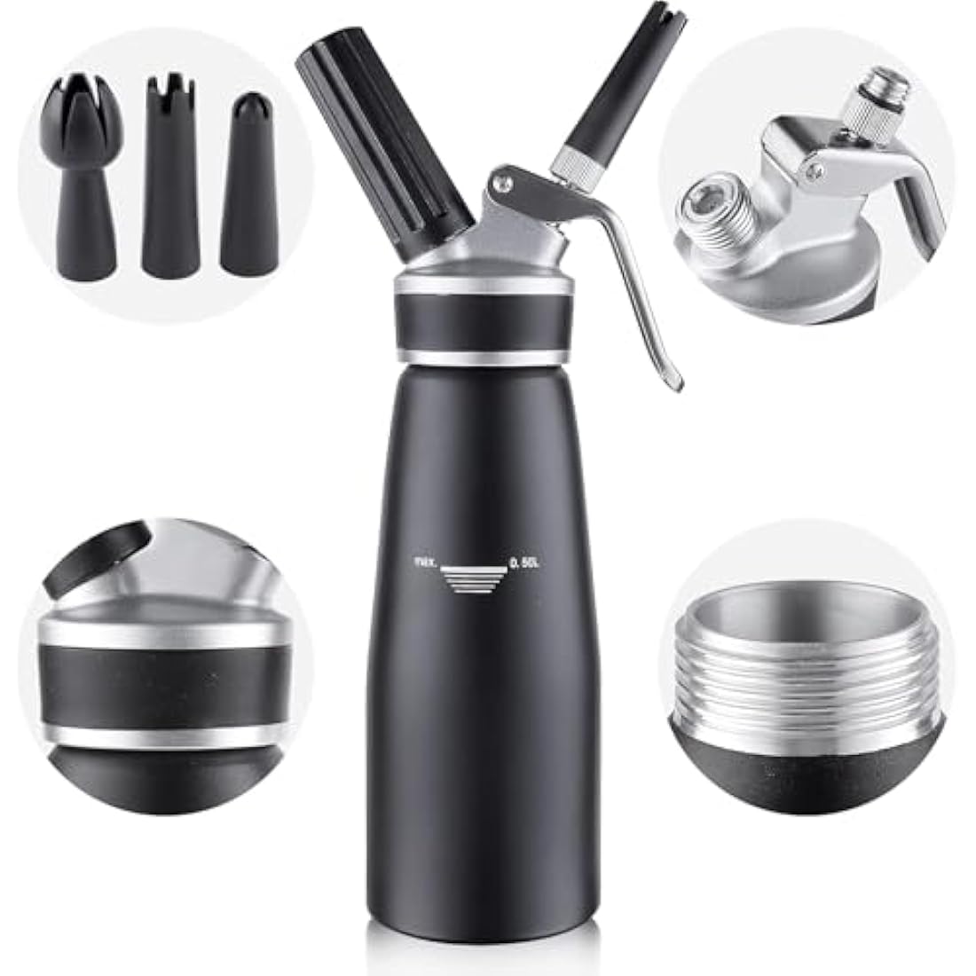 Sivaphe Cream Dispenser Whipped Cream Black Siphon Aluminum for Home Party Dessert 500ML with Cleaning Brush, 3 Decorating Nozzles