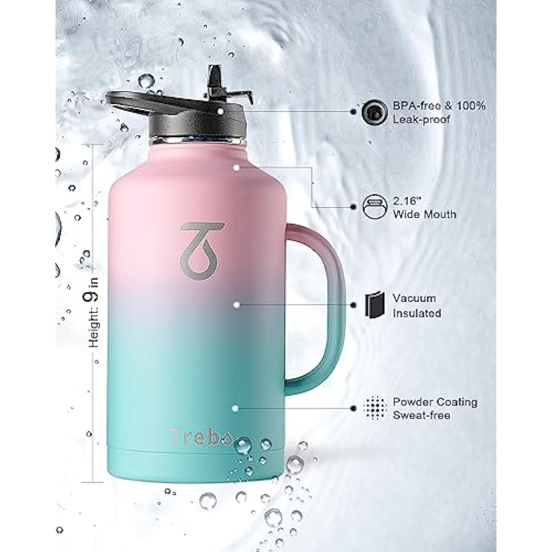 Trebo Insulated Water Bottle 2L, Metal Bottle with Handle Stainless Steel Metal Large Jug Travel Flask with Straw Spout Lid Mug Tumbler Cup with Carry Pouch Keep Cold Hot, Pink