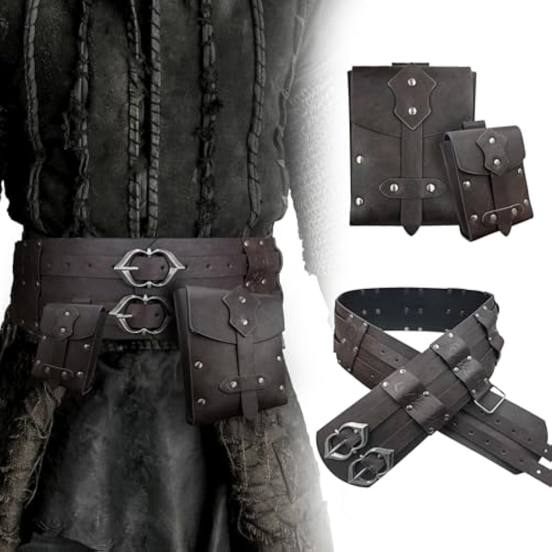 EpicCos 3PCs Medieval Fanny Pack Accessory Set, Renaissance Fanny Pack, Vintage Viking Wide Belt for LARP Events (Brown A)