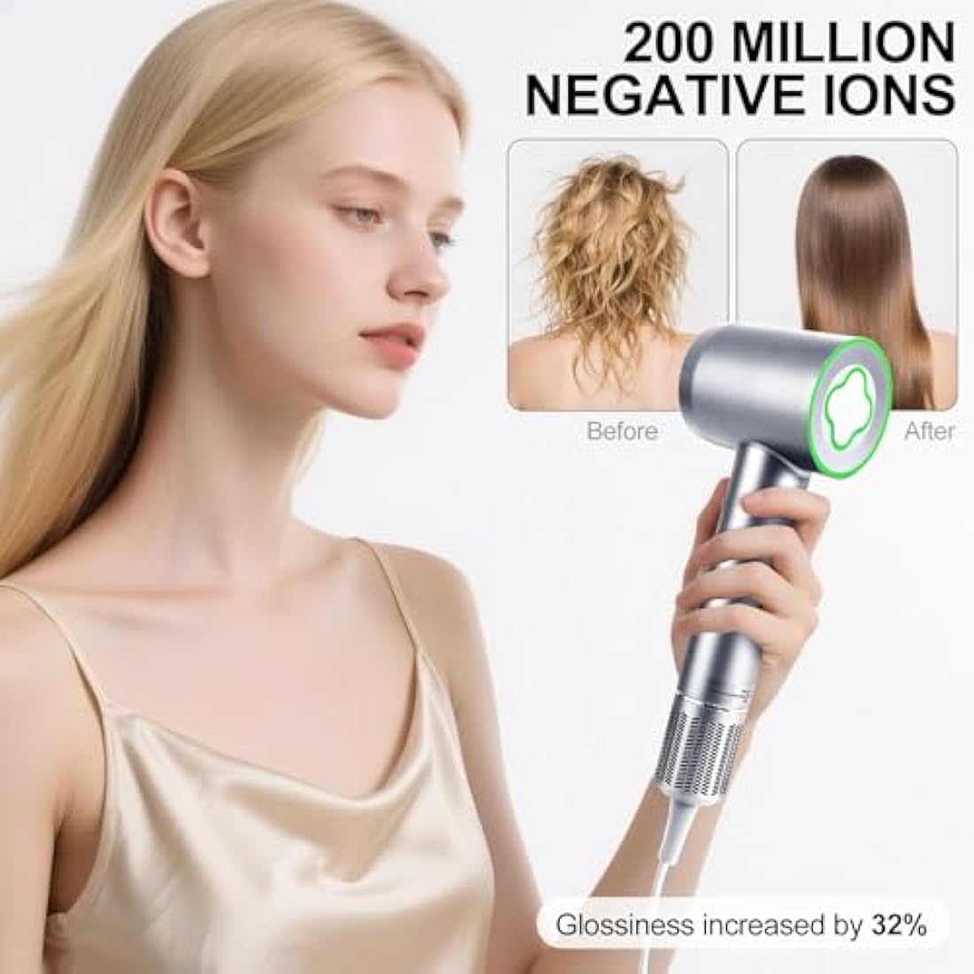ZCYLPT Hair Dryer, 200 Million Negative Ionic Hairdryer, 1600W High Speed Brushless Motor 110,000 RPM Travel Hairdryers for Women Men Pet（Silvery）