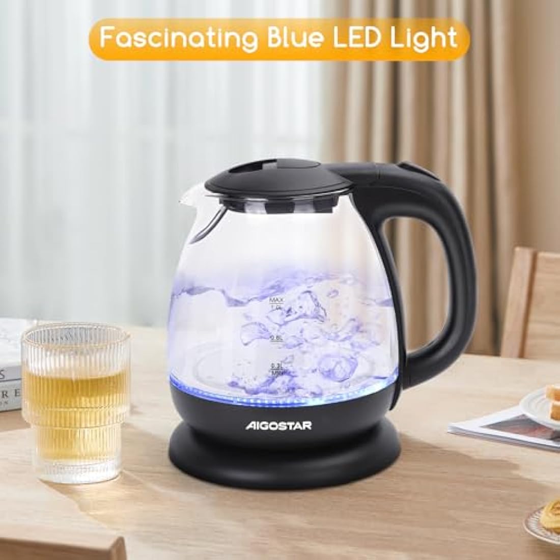 Aigostar Small Electric Kettle, 1.0L Black Glass Kettle Cordless, Compact Mini Clear Water Tea Kettle Fast Quiet Boil for Kitchen Bedroom Office, 2200W - Elfin 30A0Q