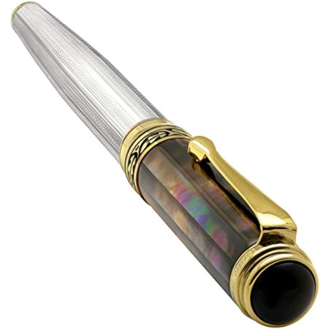 Xezo Maestro Fountain Pen, Fine Nib. Solid 925 Sterling Silver and Tahitian Black Mother of Pearl with 18 Karat Gold Plating. Handcrafted, Limited Edition, Serialized