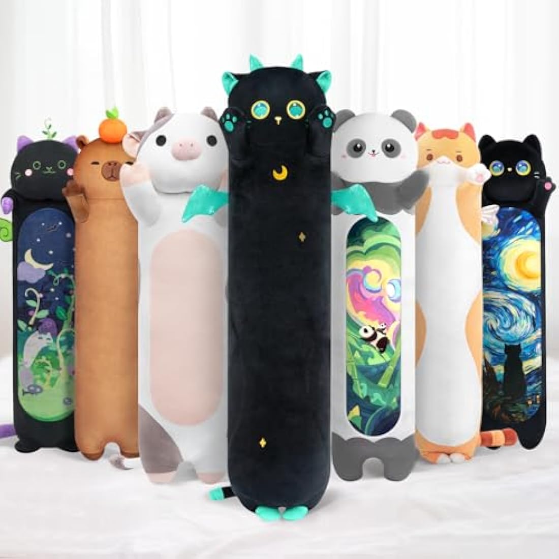 Mewaii 20in Long Cat Plush Pillows Stuffed Animals Squishy Pillows - Plushie Cute Big Green Eyes Sleeping Hugging Plush Pillow Soft Toys for Kids(Black)
