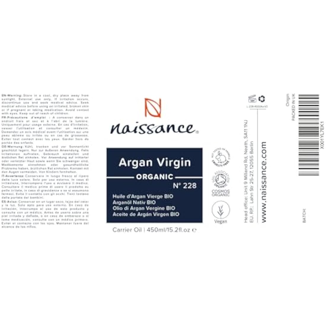 Naissance Organic Argan Oil (no. 228) 450ml - Pure & Natural, Anti-Ageing, Antioxidant - Moisturiser & Conditioner for Face, Hair, Skin, Beard & Cuticles