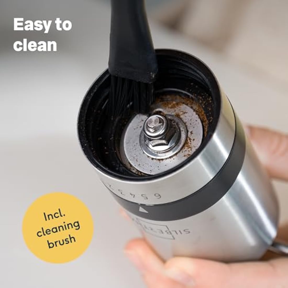 SILBERTHAL Manual Coffee Grinder – Stainless Steel – 6 Adjustable Levels – Portable Coffee Bean Grinder – with Storage Container and Cleaning Brush