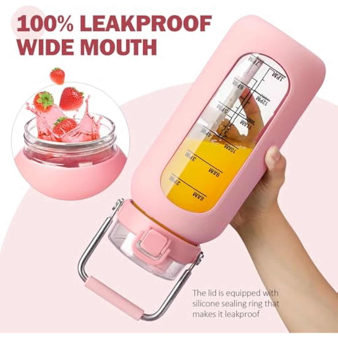 BLUEGO 2000ml Borosilicate Glass Water Bottle with Stainless Handle and Time Marker 2L Drinking Bottle with Silicone Sleeve and Straw for Gym Office Outdoor Sports Water Bottles BPA Free, Pink