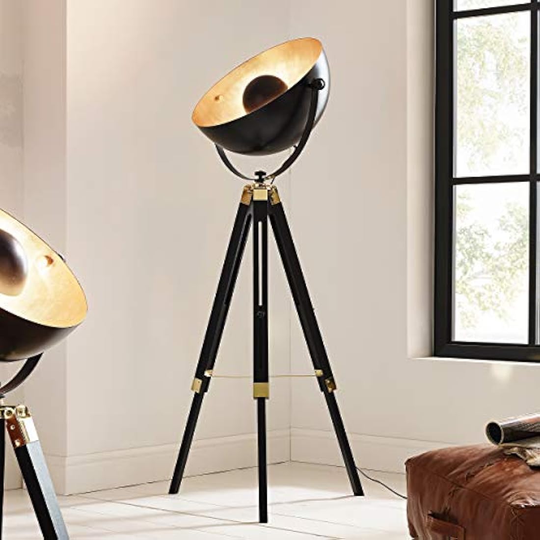 Eglo Covaleda 1-Flame Industrial and Vintage Floor lamp, Made of Wood and Steel with Brass, Black and Gold Colours Standing Light, incl. Switch, E27 Socket